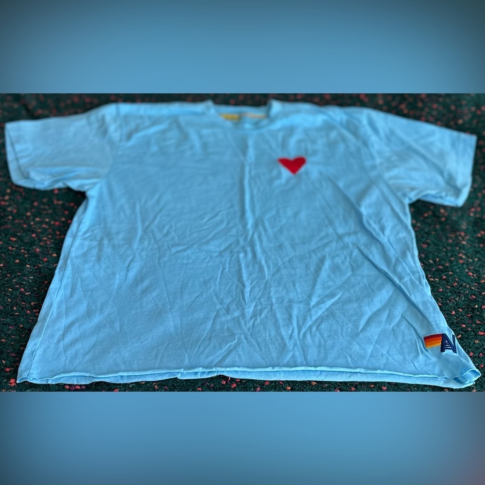 RARE Aviator Nation Heart Tee Blue Rainbow Stripe Boyfriend Tee NWOT M - Picture 8 of 16